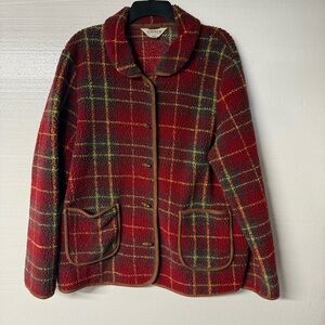 ORVIS Teddy Sweater Fleece Women XL Red Tartan Plaid Texture Button Front Pocket